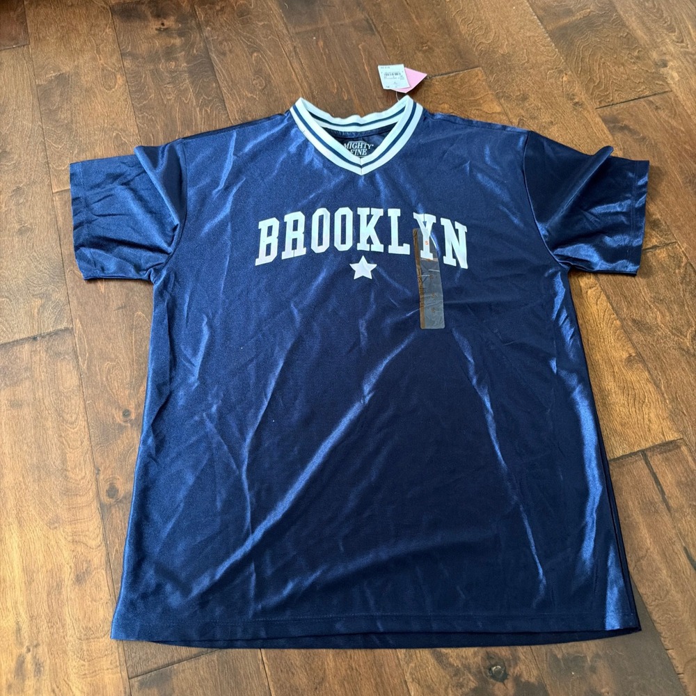 Mighty‎ Fine Brooklyn Graphic T Shirt Jersey Navy Blue White V Neck Womens S